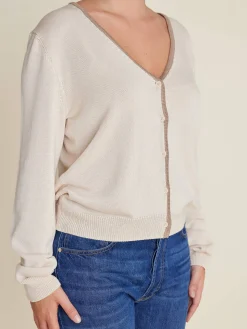 Contrast V-neck Cardigan Ivory