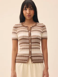 Knitted Short Sleeve Cardigan Brown Stripe