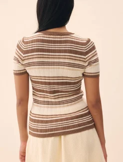Knitted Short Sleeve Cardigan Brown Stripe