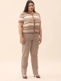 Knitted Short Sleeve Cardigan Brown Stripe