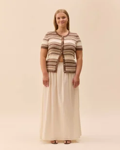 Knitted Short Sleeve Cardigan Brown Stripe