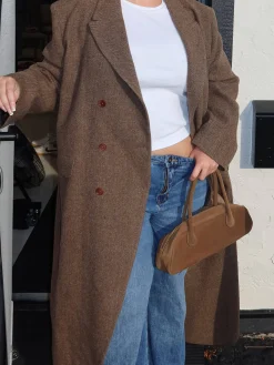 Long Wool Coat Brown Herringbone