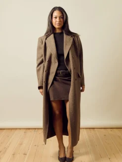 Long Wool Coat Brown Herringbone