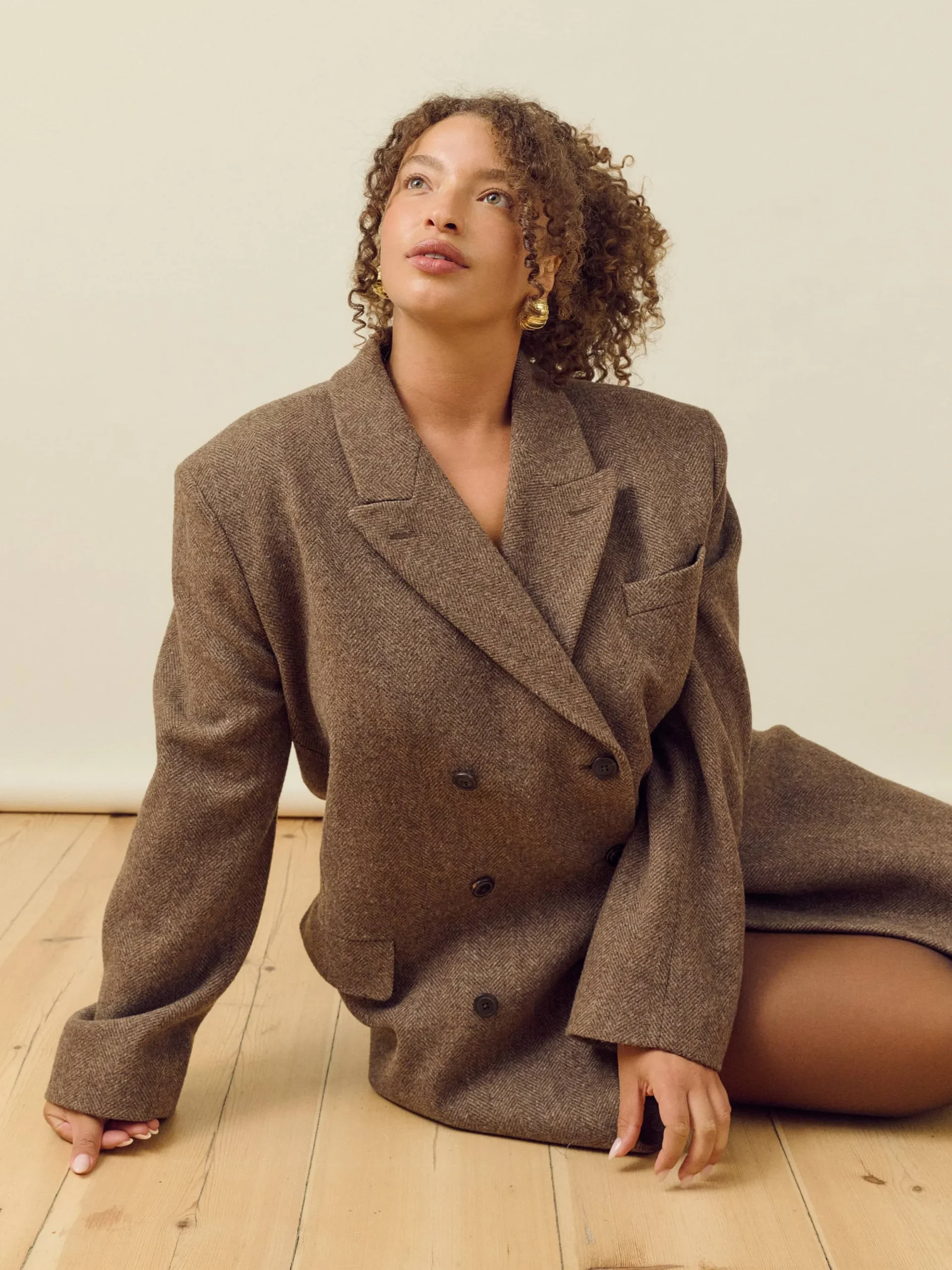 Long Wool Coat Brown Herringbone