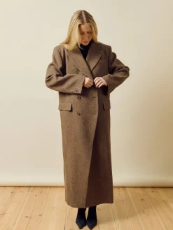 Long Wool Coat Brown Herringbone