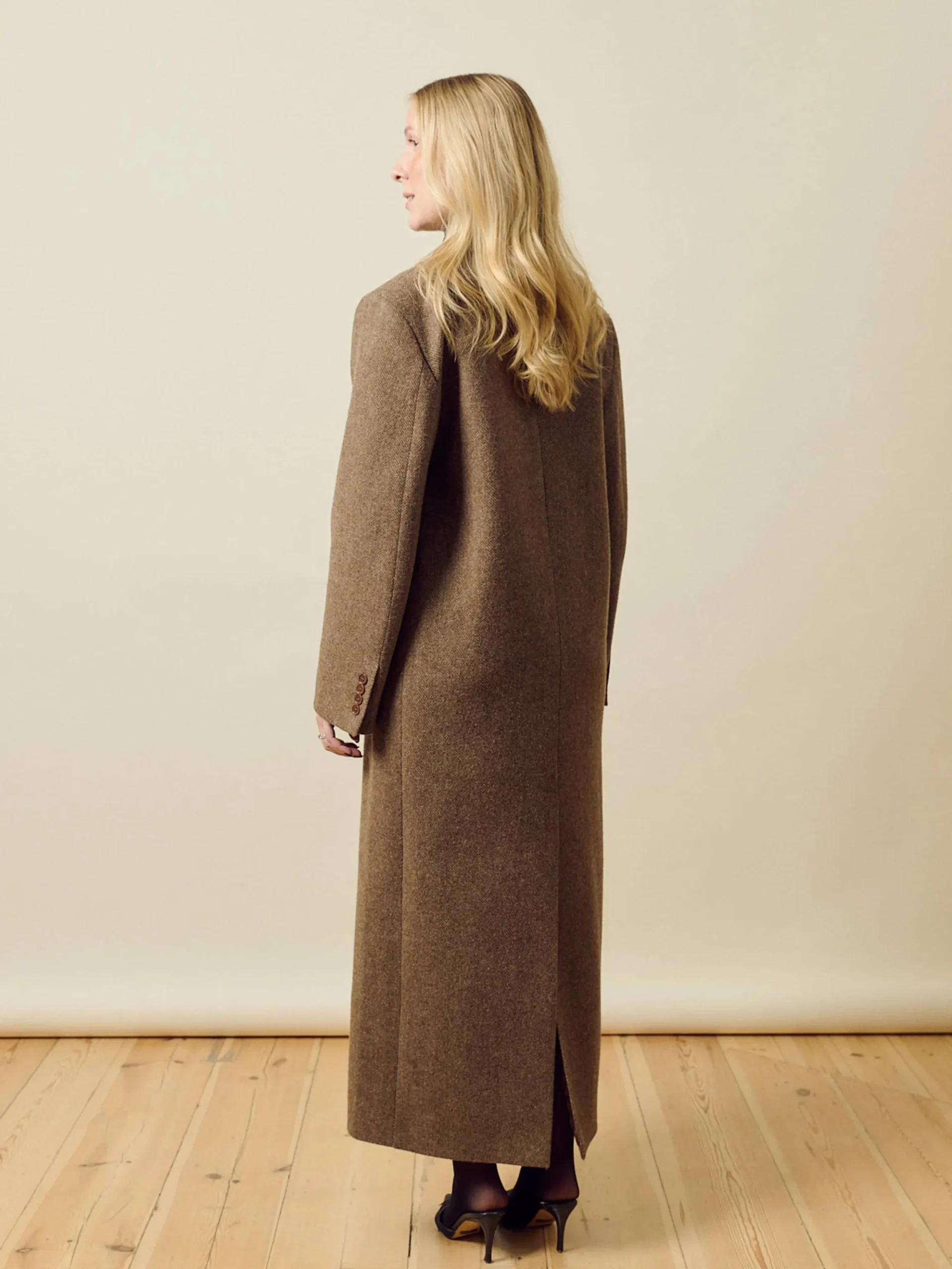 Long Wool Coat Brown Herringbone