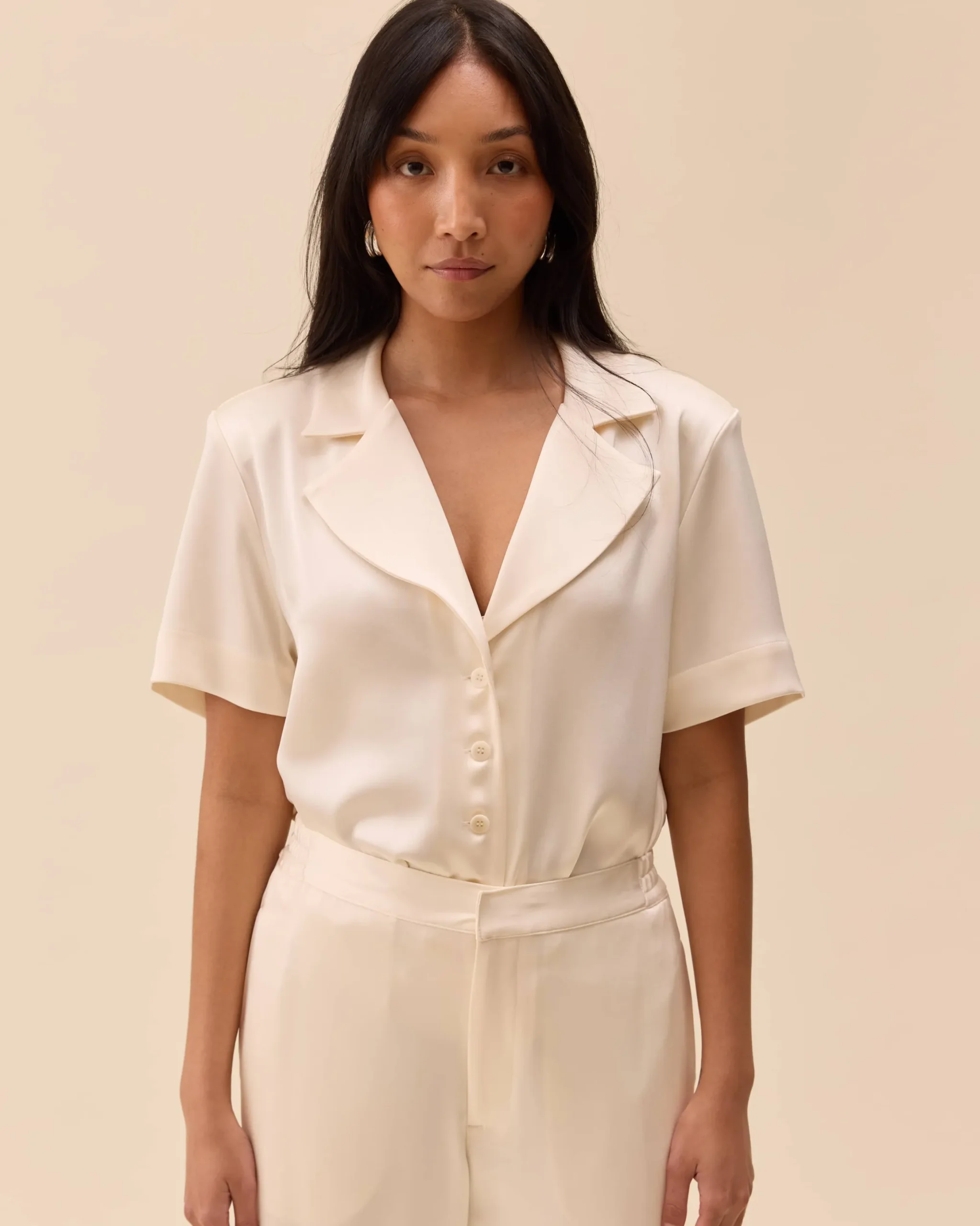 Satin Short Sleeve Blouse Ivory