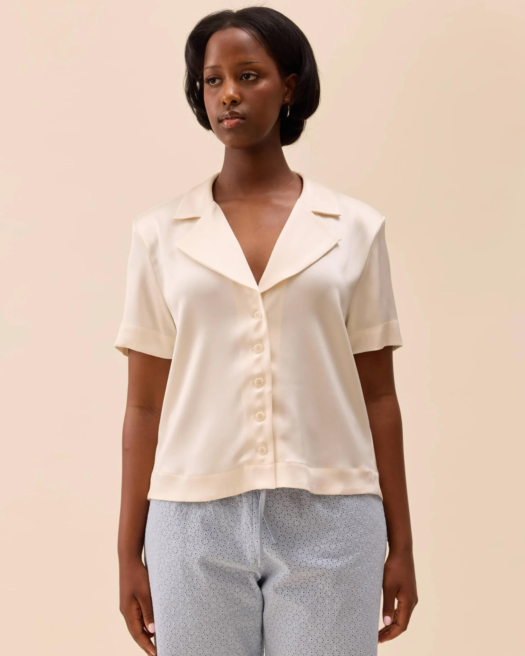 Satin Short Sleeve Blouse Ivory